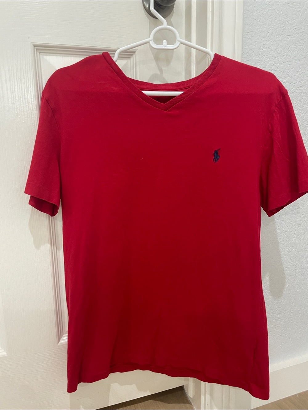 Ralph Lauren Men's Red V-Neck Polo Tee with Navy Logo